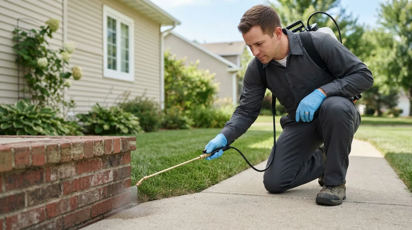 Pest control technician treating a home near North Kingsville, OH