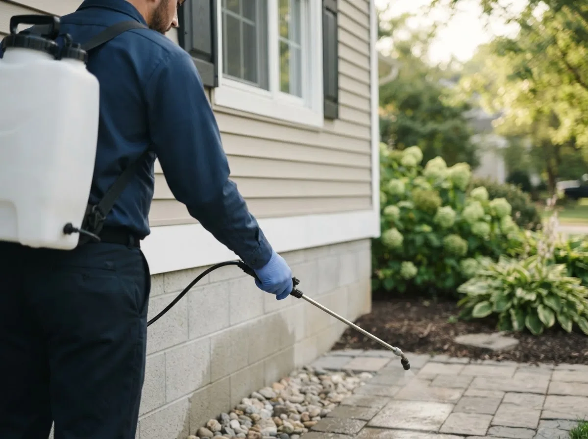 Pest control technician inspecting a home in North Kingsville, OH
